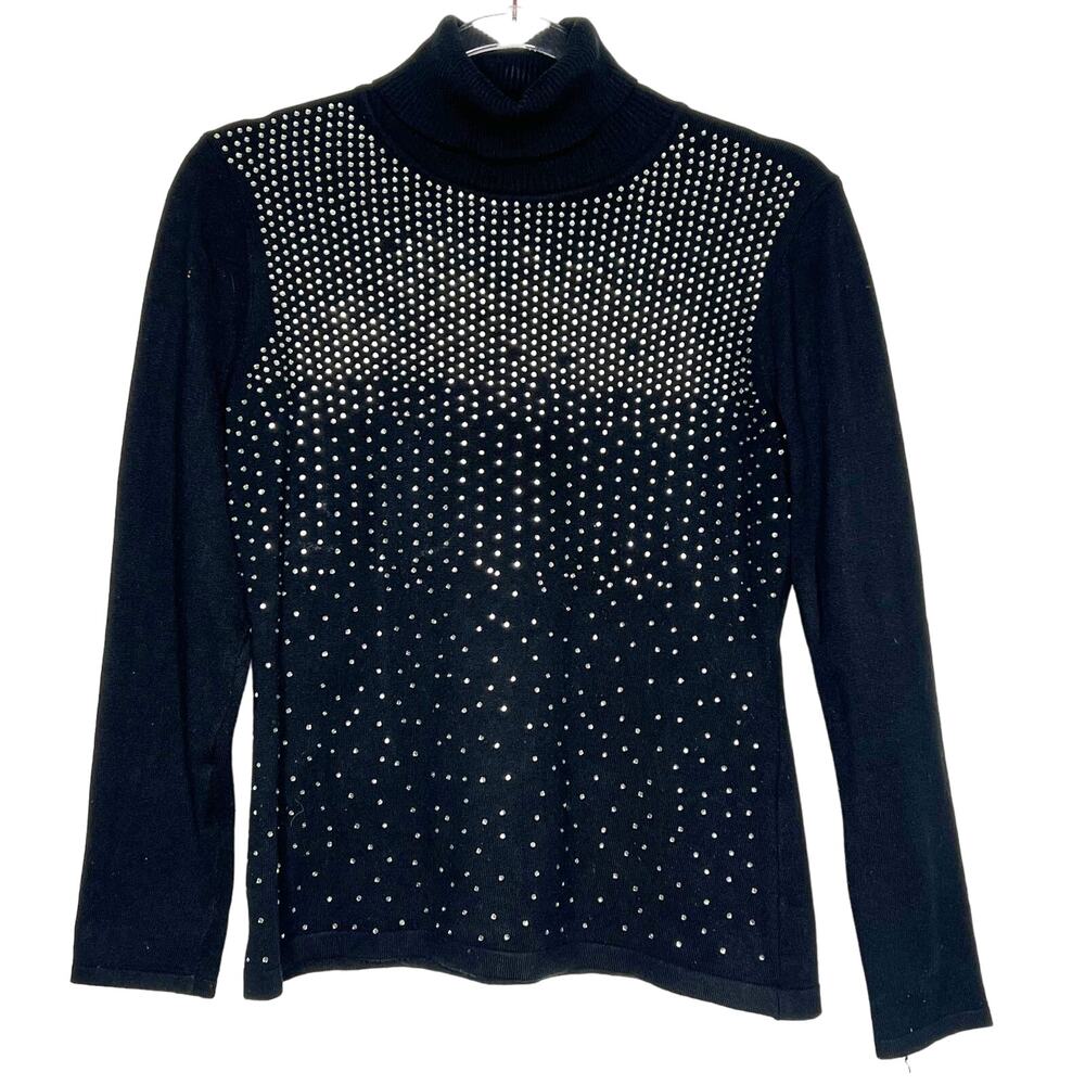 QUESTIONS Embellished Turtleneck Sweater Long Sleeve Beaded Knitted Black Size M